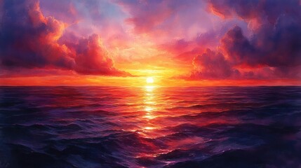 Obraz premium Vibrant sunset over the ocean, reflecting warm colors on water.