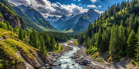 Mountain gorge panorama with clear river below surrounded by forest