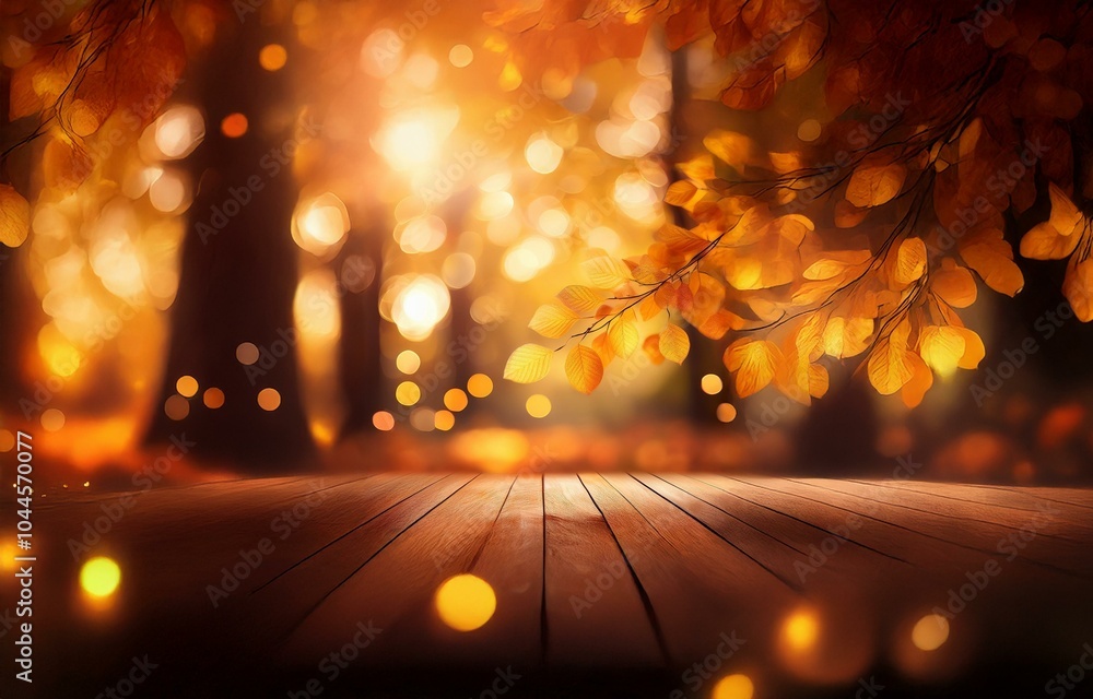 Poster a wooden table sits in a forest with golden fall leaves in the background and bokeh lights.