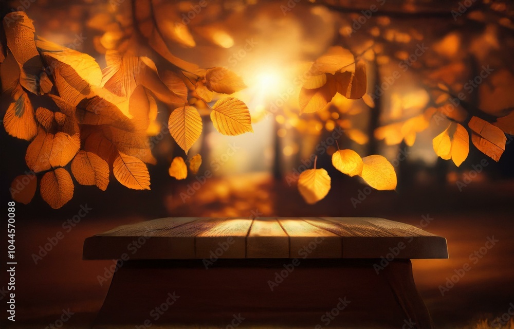 Poster a wooden table sits in the foreground of a forest scene with golden leaves falling from the trees an