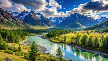 Naklejka premium Mountain landscape with a tilt angle view of Altai Mountains in the summer period