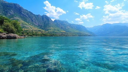 Obraz premium Crystal-clear turquoise waters gently lapping at the shore, with lush mountains in the distance and a brilliant blue sky