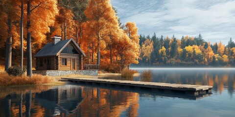 autumn landscape with lake and house