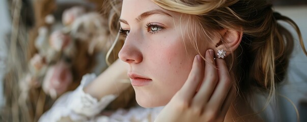 Serene woman adjusting earring by sunlit window view.