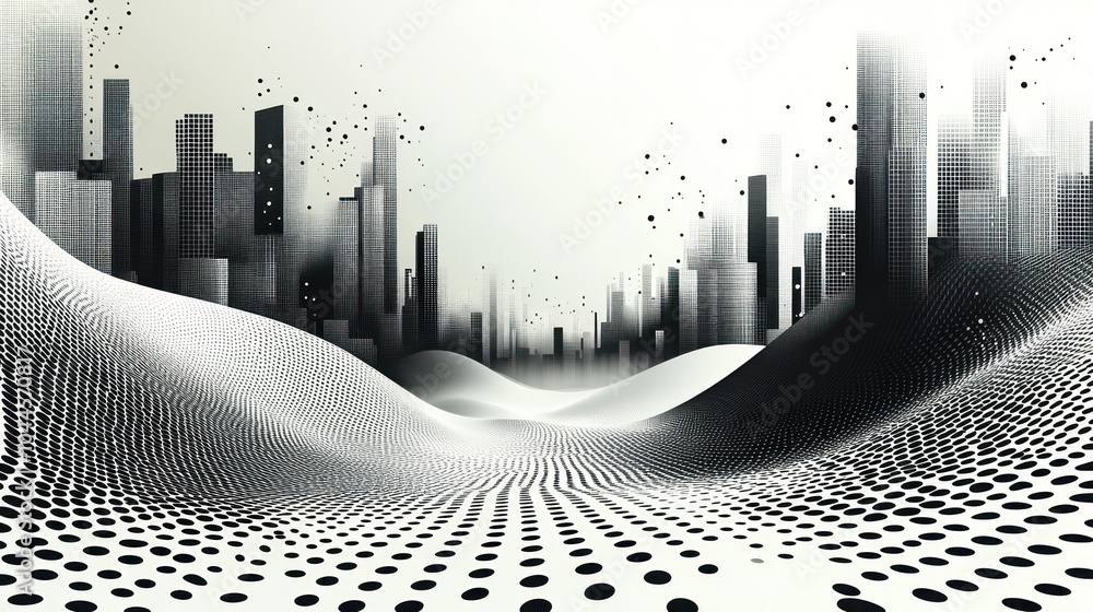 Aufkleber abstract cityscape with dotted patterns and gradient shading.
