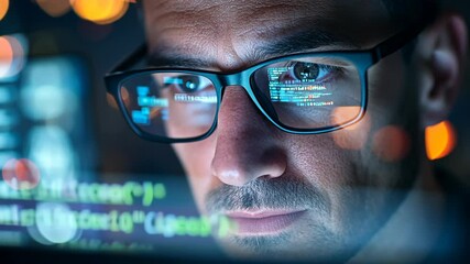 A man wearing glasses looks intently at a computer screen, with code reflected in his eyes