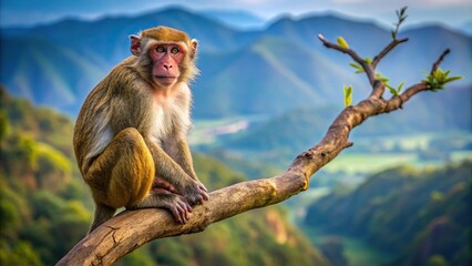 Fototapeta premium Mountain landscape with monkey on tree