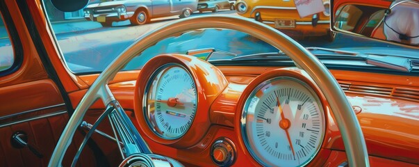 Classic car dashboard in retro futuristic style.