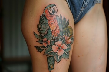 A colorful tattoo of a parrot with tropical flowers on the thigh.
