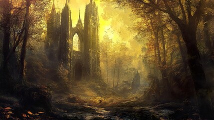 Naklejka premium Enchanted Forest with Ruins - A Mystical Landscape Painting