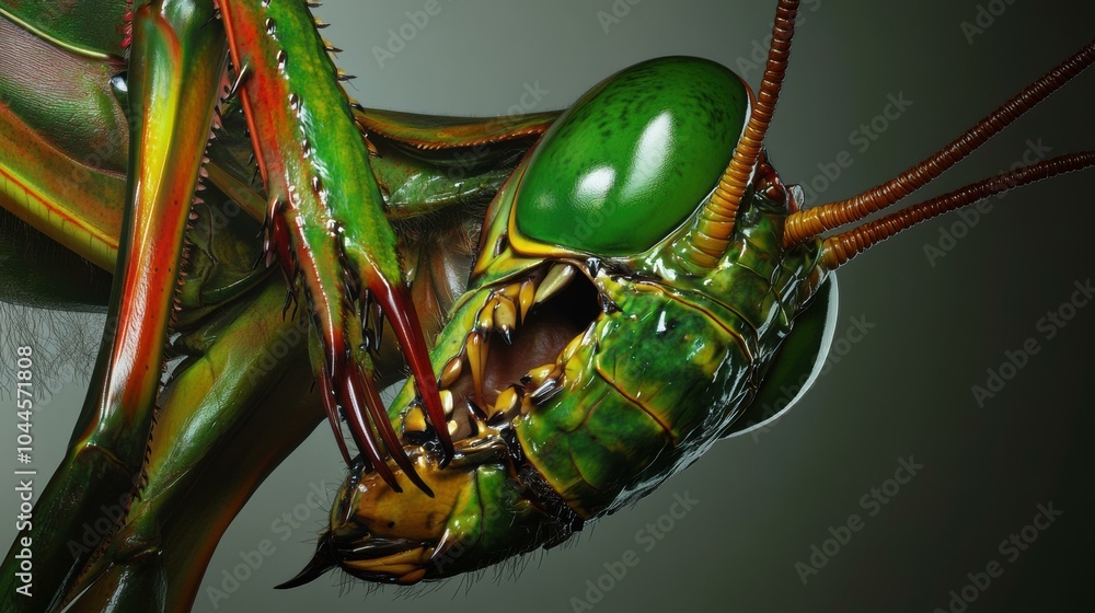 Poster close-up of a praying mantis with sharp teeth. ai.