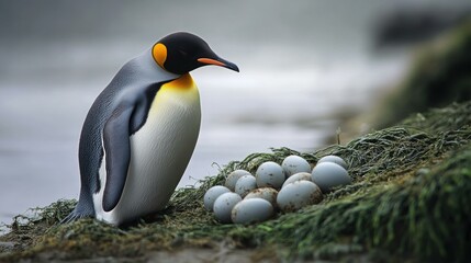 Naklejka premium A penguin stands near a clutch of eggs. AI.