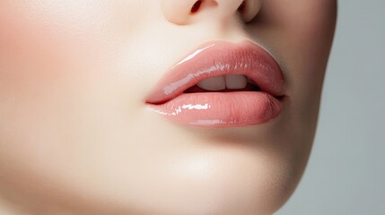 Obraz premium Close-up of a woman's glossy pink lips with slight smile