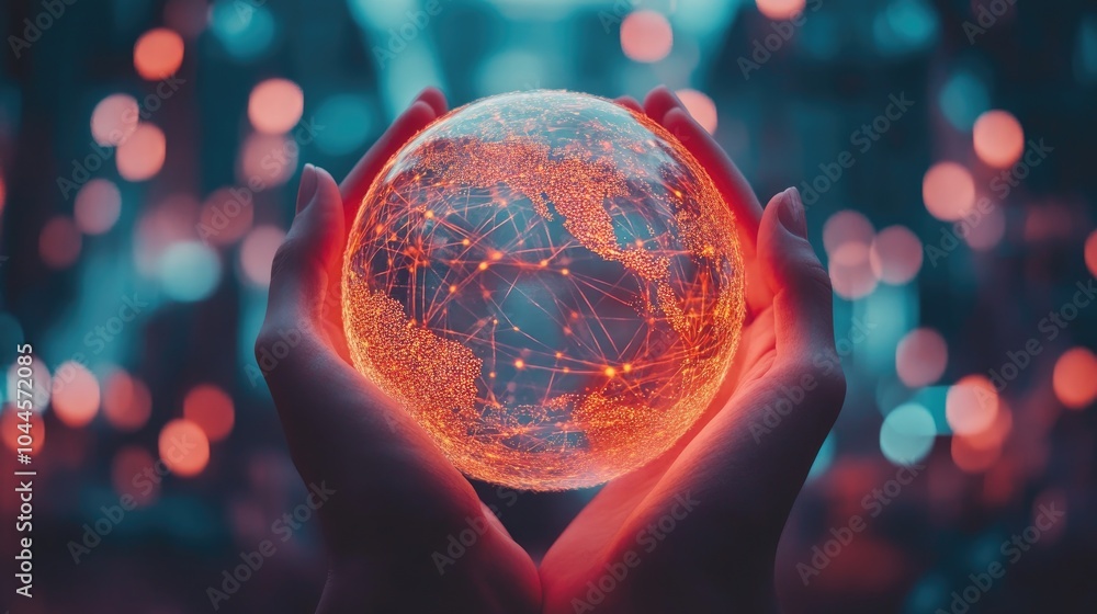 Poster hands hold a glowing digital orb, symbolizing global networks and the flow of information in the int