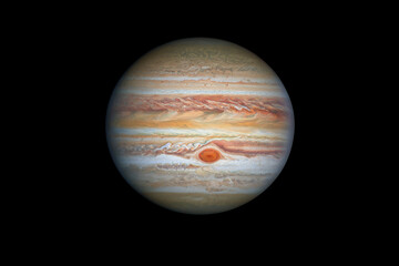 Astronomical photograph of gas giant Jupiter, showcasing its stunning bands and Great Red Spot in...