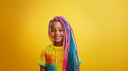 An African  girl with pink and blue afro long cornrows. Happy expression. Yellow background