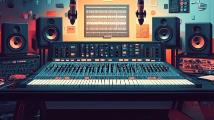 a music studio setup, featuring a large mixing console at the center. The console is equipped with numerous knobs and sliders, indicating its f