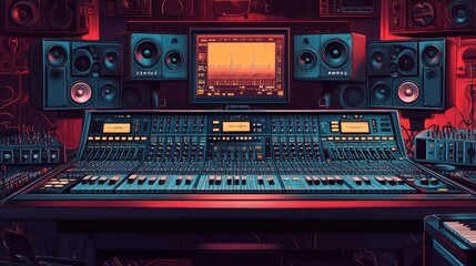 a music studio setup, featuring a large mixing console at the center. The console is equipped with numerous knobs and sliders, indicating its f