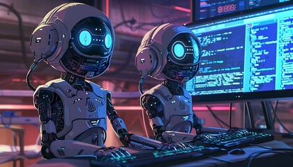 3D rendering of a computer room in a cyberpunk style