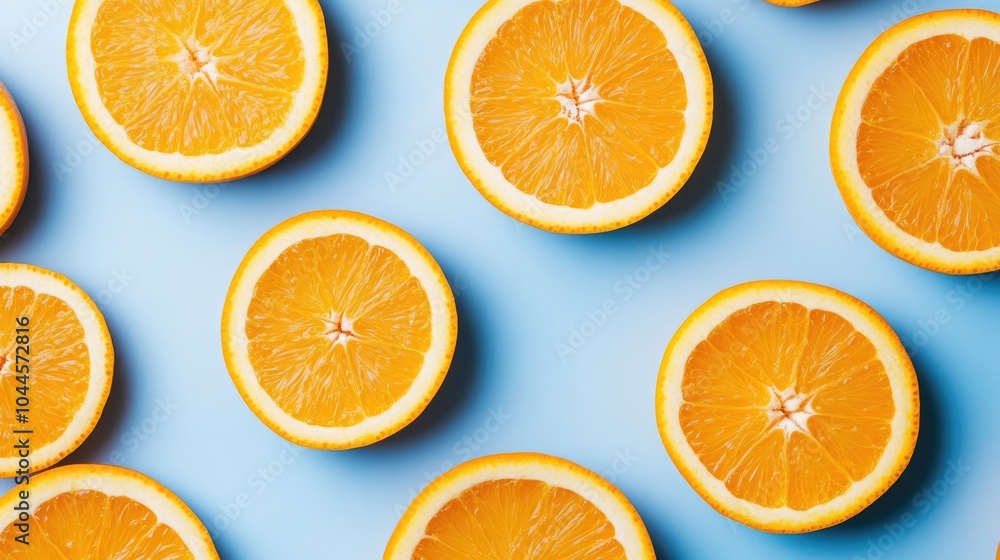 Canvas Prints Orange slices are carefully arranged in a lively pattern on a blue background, creating a fresh, vibrant design perfect for food themes