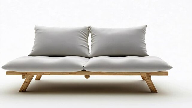 A white futon with wooden legs sits on a white floor