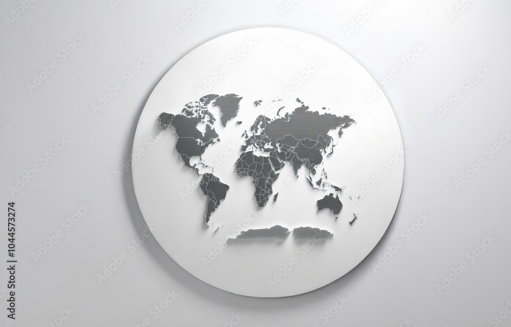 Poster a 3d rendering of a world map on a white circular background with a shadow effect.