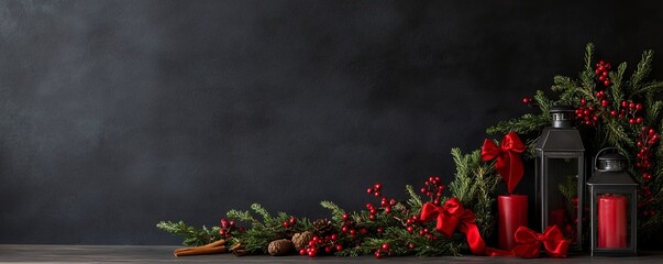 Festive holiday decoration with lanterns, candles, and evergreen foliage.
