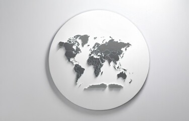 A 3D rendering of a world map on a white circular background with a shadow effect.