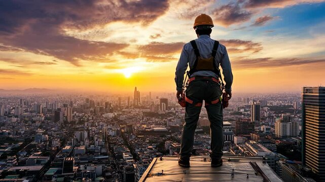 A construction worker stands on the edge of a building, looking out at the city skyline during a sunset