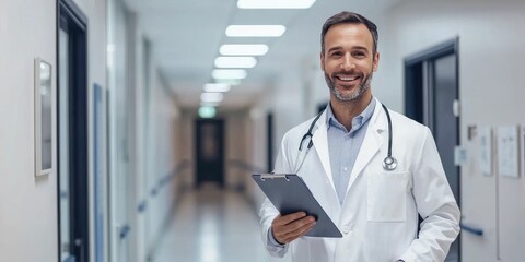 Fototapeta premium A professional doctor in a white lab coat, holding a clipboard and smiling confidently in a hospital hallway.