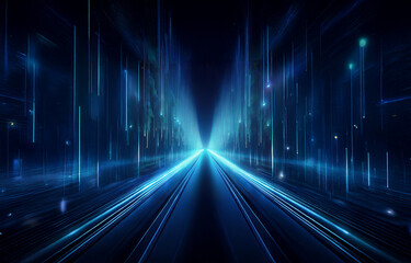 A glowing blue path extends into a dark futuristic cityscape.