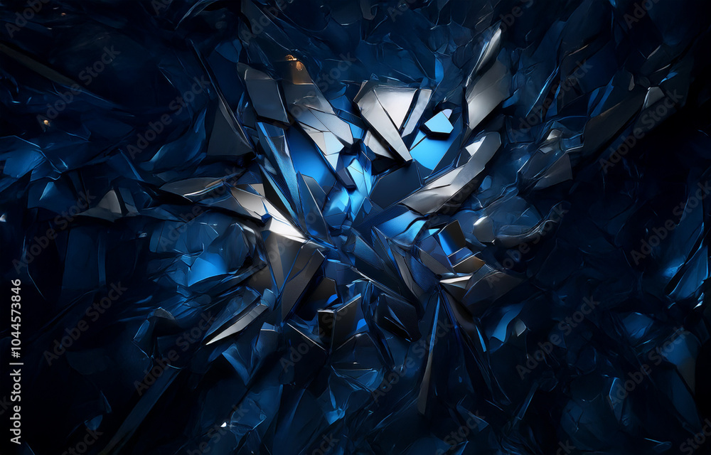 Poster abstract digital art with a dark blue background and an array of fragmented silver metallic shapes t