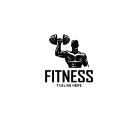Fitness and gym body building logo design. Silhouette of bodybuilder. Fitness center gym logo vector