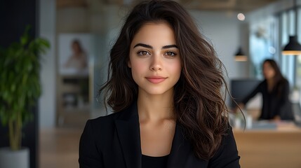 Obraz premium A confident young professional standing tall in a bustling office, highlighting their success and skills while subtly overshadowing a coworker in the background. The scene conveys a sense of 