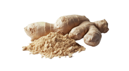 Ginger root whole and in powder close up, created with Generative AI technology, PNG