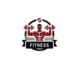 Fitness and gym body building logo design. Silhouette of bodybuilder. Fitness center gym logo vector