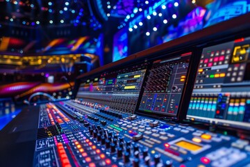 A high tech sound mixer console is set up at a live event, with vibrant controls and screens displaying audio settings. Bright stage lights illuminate the background