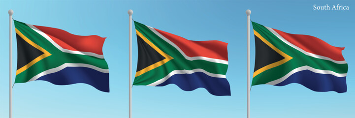 Set of three flags of South Africa waving on flagpoles