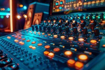 A high tech sound mixer console is set up at a live event, with vibrant controls and screens...