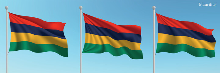 Set of three flags of Mauritius waving on flagpoles