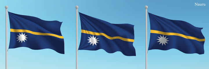 Set of three flags of Nauru waving on flagpoles