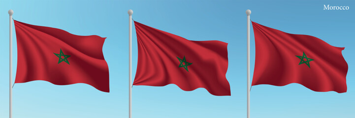 Set of three flags of Morocco waving on flagpoles