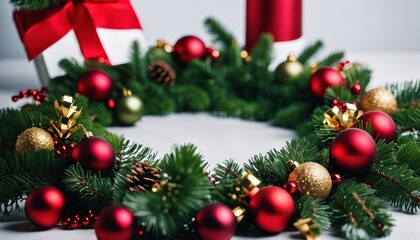 Fototapeta premium Festive Christmas background with red and gold baubles