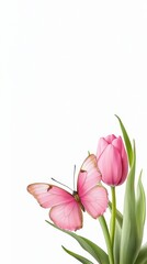 Fototapeta premium Pink tulip and butterfly on a white isolated background
