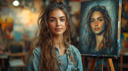 Naklejka premium Female Artist Painting Portrait in Studio Brushstrokes Easel Canvas Art Creativity
