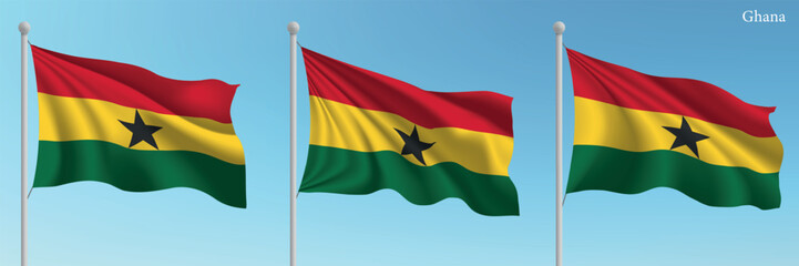 Set of three flags of Ghana waving on flagpoles