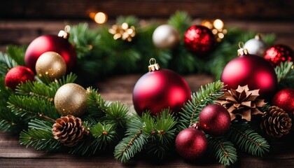 Naklejka premium Festive Christmas background with red and gold baubles