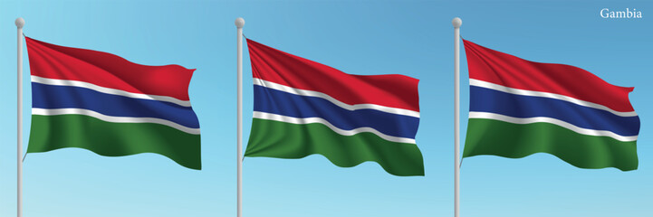 Set of three flags of Gambia waving on flagpoles