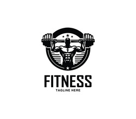 Fitness and gym body building logo design. Silhouette of bodybuilder. Fitness center gym logo vector
