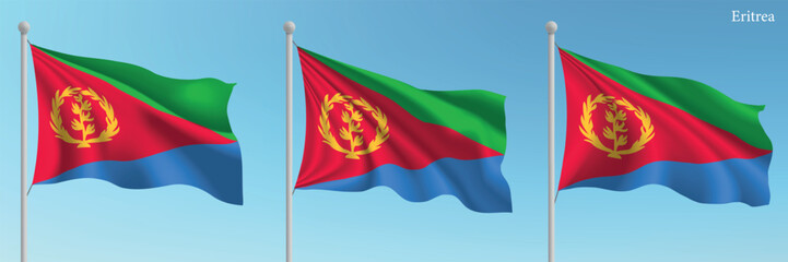 Set of three flags of Eritrea waving on flagpoles